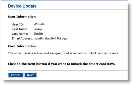 Device Update dialog box displaying User Information and Card Information